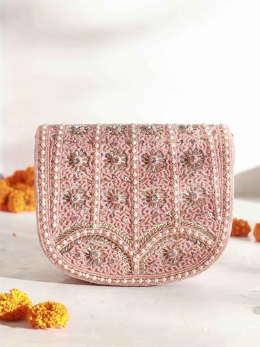 Image of THE TAN CLAN Kavya Beige Flap Over Bag Clutch Purses Luxury Evening Handbags with Handle