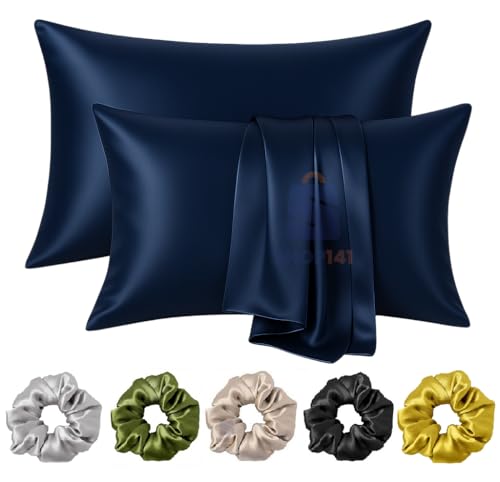 Image of Satin Pillow Covers for Hair and Skin Set of 2 with 5 Scrunchies I Satin Pillow case I Silk Pillow Cover I Silk Pillow case I Women Gift Items (Nevy Blue)