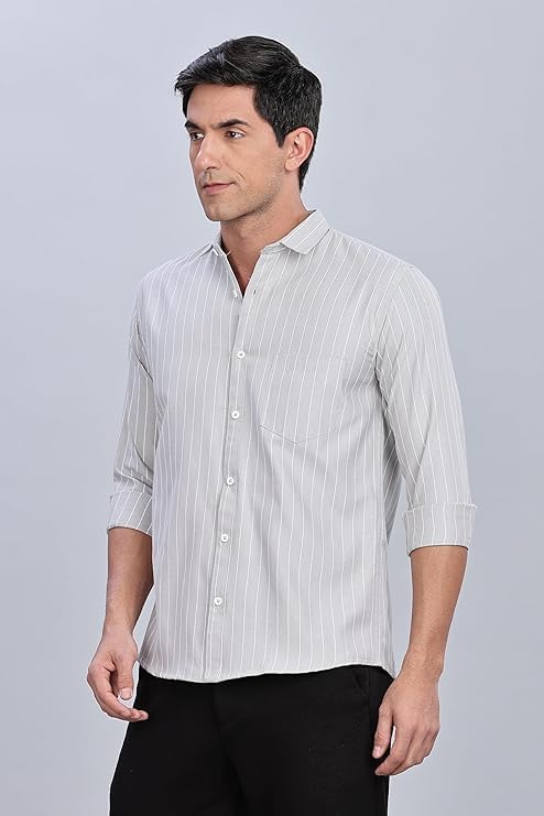 Image of MILDIN Men's Pure Cotton Striped Printed Shirt with Spread Collared Neck Full Sleeve Curved Hemline Button Closure and Regular Fit | Shirt for Man
