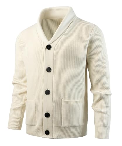 KTWOLEN Herren Strickjacke Cardigan Schalkragen Grobstrick Langarm Übergangsjacke Freizeitjacke Strickjacken Sweat-Jacke Winter Cardigans mit Knopfverschluss, Beige, M