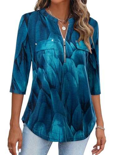 Image of Bulotus Womens 3 /4 Sleeve Tops Plus Size V Neck Zipper Business Casual Blouses for Office & Going Out Soft Knit Tunics, M-3XL
