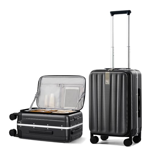 Image of Hanke 55cm Front Opening Cabin Luggage Trolley Bag, Strong Aluminum Frame, Durable Polycarbonate Hard Shell, Silent Wheels & Combination Lock, Lightweight Carry On Suitcase for Travel.(Jet Black)