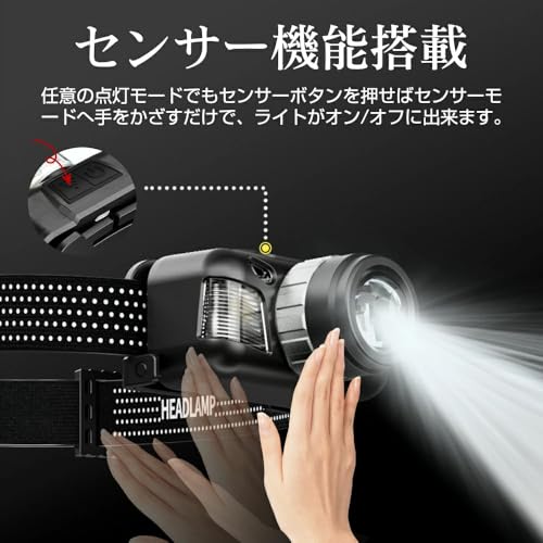 Tasavz Tasavz ヘッドライト USB充電式 大容量1200mAh 高輝度 LED 800ルーメン 手振りセンサー機能付き 4種点灯モード 防水防塵 30°角度調整可 M057 の商品画像 2