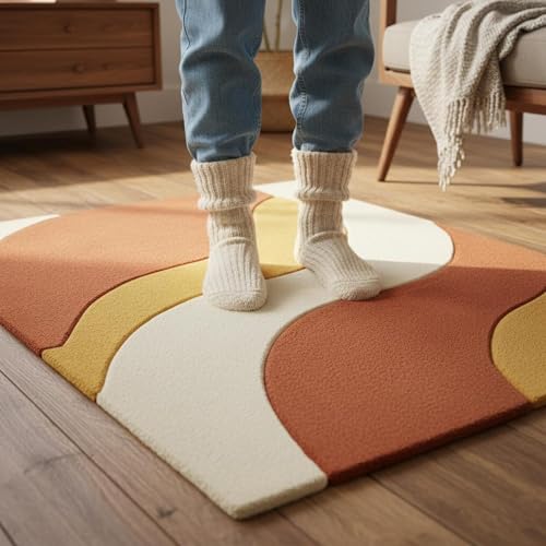 Image of Hand Tufted Wool Rug 6x8 Ft - Modern Irregular Shape Carpet, 1 Inch Thick Pile, Anti-Skid Backing, Soft Handmade Woolen Area Rug for Living Room, Bedroom, Hall Decor