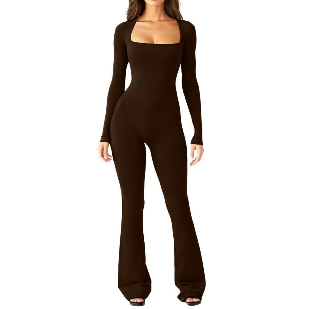 Shapewear Damski kombinezon do jogi z długim rękawem Tummy Control Waist Hip-lifting Square Neck Wide Leg-leg kombinezon