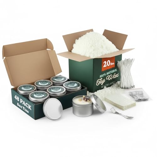 Hearth & Harbor 20 lbs. Soy Candle Wax with Supplies, 8 oz. 48 Pack Tin Jars with Lids, Cotton Candle Wicks, Wick Stickers and Centering Devices - Soy Wax Flakes with Containers for Candle Making