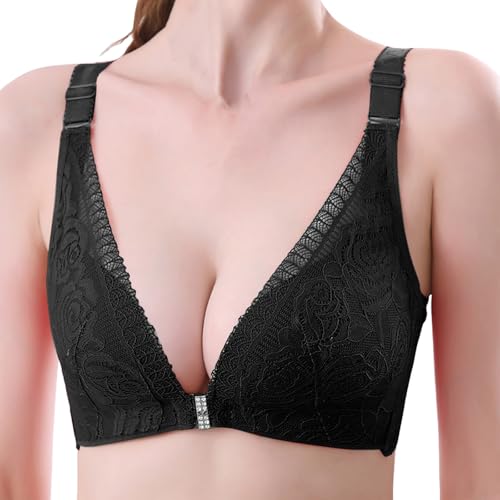 Genérico Camiseta de tirantes de tul con cierre frontal para mujer, sujetador sin armadura, encaje, Le Noir, 95C