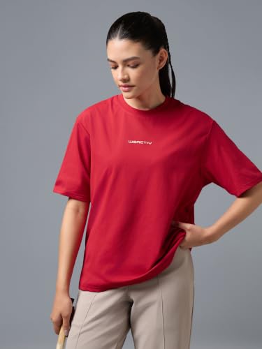 Image of TECHNOSPORT Women's Printed Boxy Fit Round Neck T-Shirt COTFLEX Half Sleeve Slip On Polyester for Gym Yoga Workout UPF50+ Anti Odour