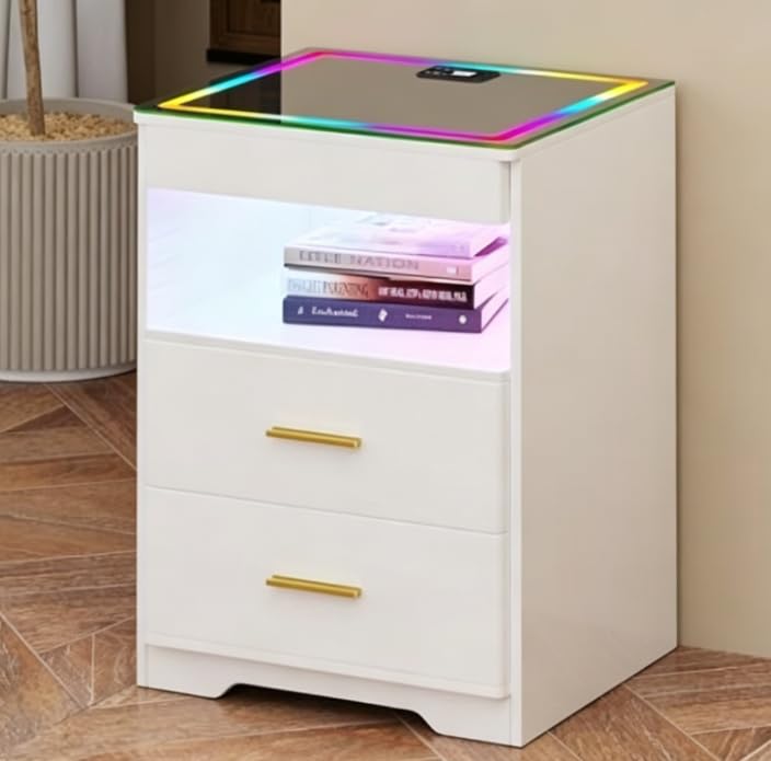 Gurexl RGB Bedside Tables with Hidden drawers and Glass Top,White