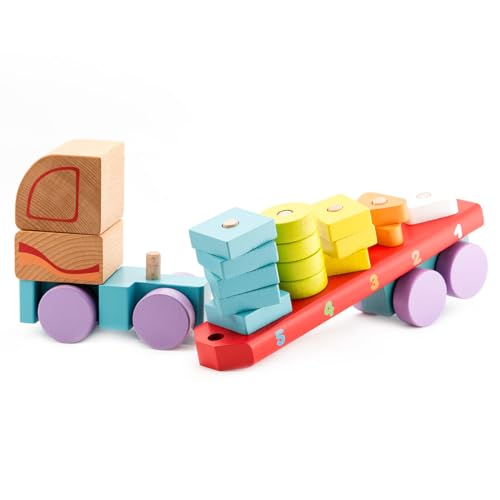 Image of CUBIKA Wooden Geometric Shapes Truck- Montessori Toy for Toddlers Ages 3+- Shape Sorter and Stacking Truck Building Toy- FSC-Certified Wood, German Water-Based Paints, Travel-Friendly