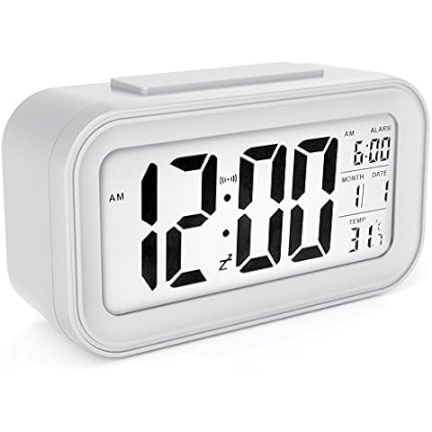 sin&mi - Alarm Clock Large LED Display Digital Alarm Clock Snooze Activated Night Light Features White Cover
