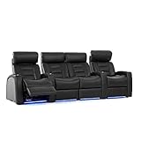 Octane Seating Flex HR Series Home Stadium Seating - Black Top Grain Leather - Power Recline - Motorized Headrest - Lighted Cup Holders (Row of 4 Center Loveseat)
