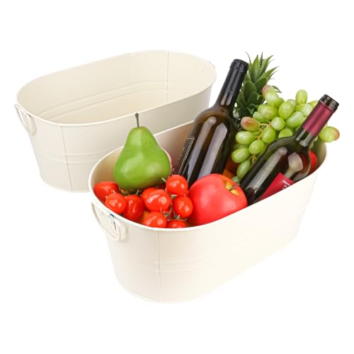 Biugaaufai 2 Pack White Metal Ice Bucket with Handle, 3 Gallon Large Galvanized Bucket, Oval Beverage Tub, Wine Beer Drink Buckets, Drink Holder for Party, Cocktail Bar, Holiday, Party, Wedding