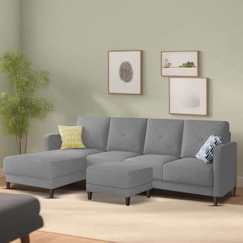 Image of Baloney LHS 6 Seater L Shape Sofa Set with Center Table for Living Room (Grey Fabric) Premium Fabric Sofa