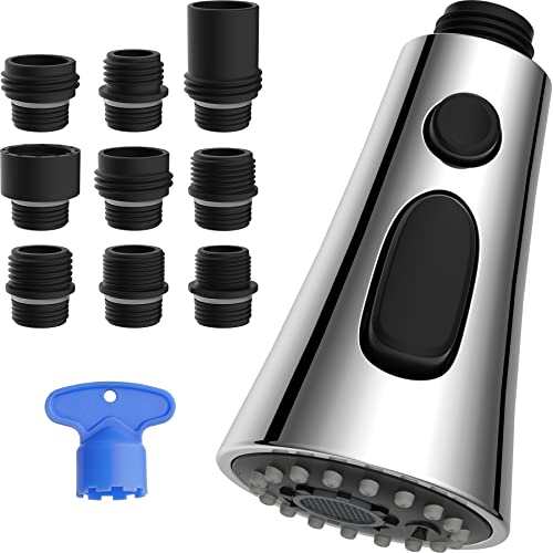 Hibbent Küchenarmatur Kopf Ersatz, Pull Down Küche Sprühkopf mit 9 Adaptern, 3-Funktions-Küche Spüle Sprühdüse kompatibel mit Moen, EU Standard, Delta, Kohler Wasserhähne, Chrom Cover