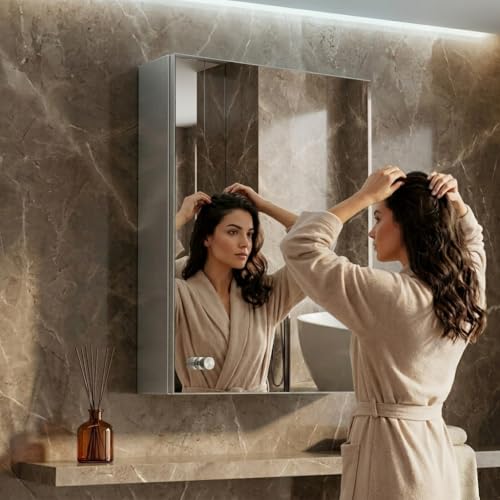 Image of Dropin (14x20 Inch, Chrome Finish 304 Stainless Steel Bathroom Mirror Cabinet, Heavy-Duty Storage Cabinet /Wall Mounted Mirror Bathroom Cabinet Separate Compartments for Storage
