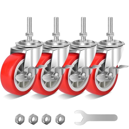 3 inch heavy duty stem casters swivel wheels with brake - 3834 -16 x 1-1234 stem diameter 3834 stem length 1-1234set of 4 with locking threaded stem caster wheels - load 600lbs