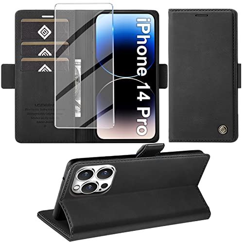Giyer Handyhülle für iPhone 14 Pro Hülle mit Schutzfolie Standfunktion Kartenfach Wallet Premium Leder Schutzhülle für iPhone 14 Pro 5G 6.1 Zoll Flip Case Cover Stoßfeste Klapphülle (Schwarz)
