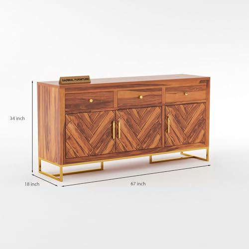Image of Solid Sheesham Wood Wooden Sideboard & Chest of Drawer with 3 Drawers and 3-Door Storage (Jett, Honey Finish)