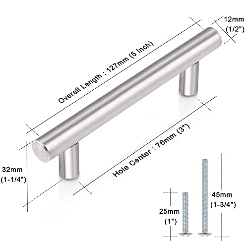 Image of Probrico 15 Pack|3 inch Hole Center Kitchen Cabinet Handles Stainless Steel Drawer Handle Pulls Cupboard T Bar Pull Handles Satin Nickel Finish, 5 Inch Total Length