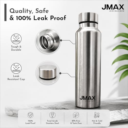 Image of Jmax Stainless Steel Water Bottle | Single Wall Metal Bottle for Office School Gym Travel | BPA Free | Rust-Free, Leakproof & Lightweight | 1000 Ml