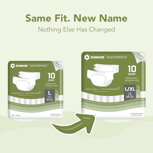 Image of SUNKISS Masterpiece Adult Diapers with Tabs, Unisex, L /XL, White, 10 Count | Ultra High Absorbency, Plastic-backed Briefs, Refastenable Tabs, Odor Control, Leak Protection for Daytime & Overnight Use
