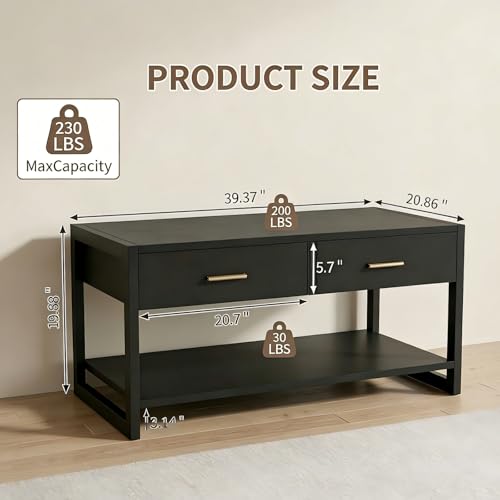 Image of Multi-Functional Coffee Table with Foot-Sensor Light, 2 Large Drawers & Open Shelf, Sturdy Frame Versatile Coffee Table with Vintage Metal Handle for Living Room /Office /Outdoor Patio