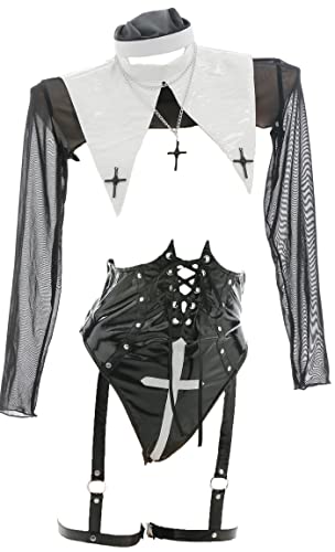 MEOWCOS Women's Sexy Lingerie Nun Suit Open Chest Body Shaper Bodysuit with Mesh Top and Stockings