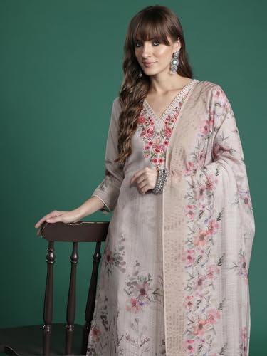 Image of INDO ERA Women's Straight Linen Floral Printed Embroidered Kurta & Pant with Dupatta Set