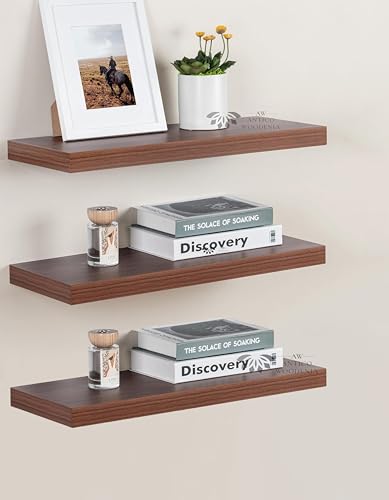 Image of Wooden Floating Wall Shelf| Wall Mount| Wall Rack| Wall Bracket for Home and Office Decor | Big Mounted Cabinets (XX-Large (24x8 inches), Set of 3, Walnut Finish)