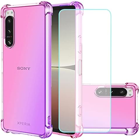 Jhxtech for Xperia 5 IV Case, Sony 5 IV XQCQ62B-GC Case with Tempered Glass Screen Protector, Clear Gradient Case Anti Scratch TPU Cover Protective Case for Sony Xperia 5 IV (pink/purple) Cover