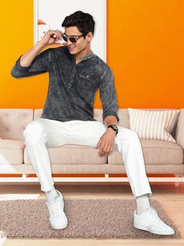 Image of Kuons Avenue Men's Denim Casual Short Kurta | Mandarin Collar | Full Sleeves | Tailored Fit- Stylish Ethnic Wear