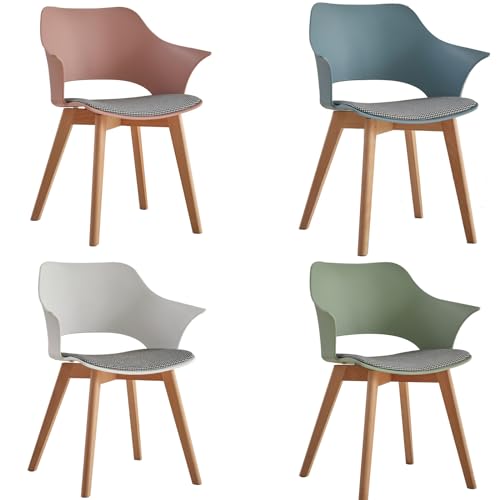 HJhomeheart Juego de 4 sillas de Comedor, Patas de Madera Maciza, Sillas de Oficina con reposabrazos, Sillas de Tela, Blanco+Verde+Pasta de judías+Morandy