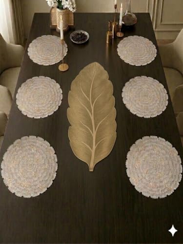Image of Dakshya Industries PVC Waterproof Round Table Placemat & Table Runner Combo Set | 6 Round Table Mats (38 x 38 cm) + 1 Table Runner | Heat Resistant, Washable, Non Slip Dining Table Decor (Nexora)