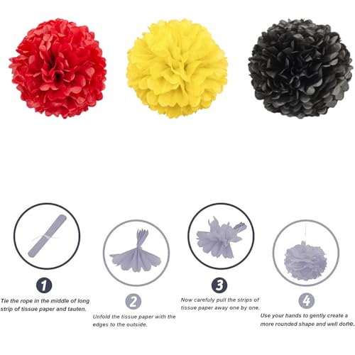 Image of We Moment Black Red Yellow Paper Pom Poms Decorations for Boys Girls Birthday Decoration Ceiling Wall Hanging Tissue Flowers Decorations 12pcs,3 Colors