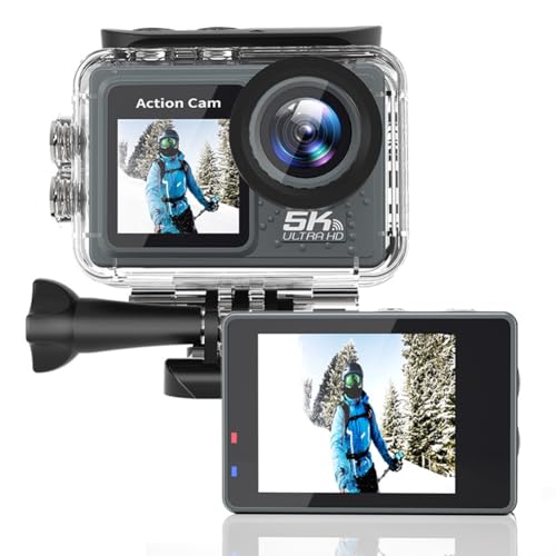 Akfldms Cámara de Acción 5K con Pantalla LCD Frontal y Táctil, Cámara Subacuática Impermeable EIS de 30 M con Zoom 5X, Accesorios para Cámaras Deportivas.