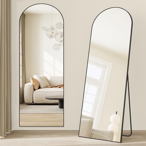 SONGMICS Full Length Mirror, 165 x 60 cm, Arched Full Body Mirror with Stand, Aluminium Alloy Frame Floor Mirror, Tempered Glass, for Bedroom, Living Room, Cloakroom, Ink Black LFM039BD01