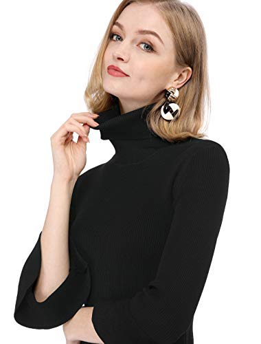 Allegra K Women's Ruffle Long Sleeves Turtleneck Sweater Pullover Stretchy Knit Slim Fit Sweatshirt Medium Black #TOP5