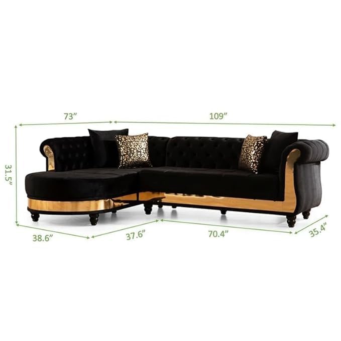 Image of Modern Classic L Shape Sectional Sofa Set, Chesterfield Style 4 Seater Sofa Set with Pillows for Living Room, Bedroom and Office, Office, and Hallway Colour (Black Gold)