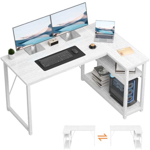 TRIUMPHKEY Escritorio Esquinero en L de 120x80 cm con Almacenamiento, Escritorio de Esquina con Estante Reversible, Estable Mesa Ordenador en L para Oficina, Estudio o Secretaría, Blanco