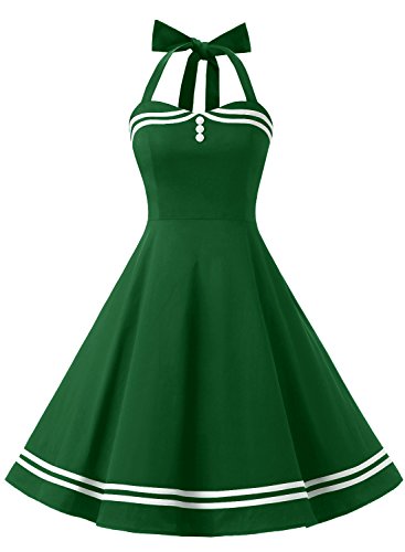 Timormode Vestido Cóctel Corto Vintage 50s Cuello Halter Vestido De Fiesta Rockabilly Mujer Armygreen XS
