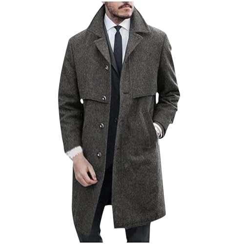 Coat for Men Midi Long Notched Collar Single Breasted Jacket Classic Fashion Slim Solid Color Pea Coat with Pockets
