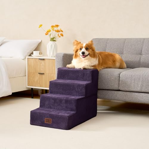 Image of EHEYCIGA Dog Stairs for Bed 18 inch H, 4-Step Dog Steps for High Bed, Pet Steps for Small Dogs and Cats, Non-Slip Balanced Pet Ramp Indoor, Purple