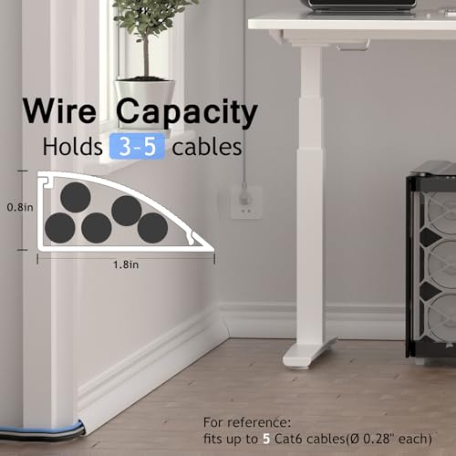 Image of ZhiYo 68in Corner Cable Hider, Floor Cord Cover for 3-5 Cords, White | Self-adhesives Wire Hider for Baseboard /Wall, 4 Pack (17 inch Each), Quarter Round Cable Management Raceway, 0.8in H x 1.8in W