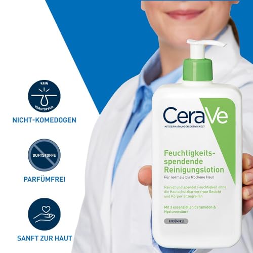 CeraVe Feuchtigkeitsspendende Reinigungslotion für Gesicht und Körper, Sanft reinigend ohne Schaum, Für normale bis trockene Haut, Mit Hyaluron und 3 essenziellen Ceramiden, 562 ml