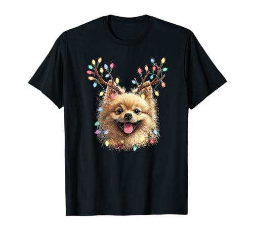 Santa Pomeranian Reindeer Light Christmas T-Shirt