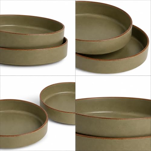 Image of Shay Stackable Ceramic Pasta Bowl Set, 22cm, 2 Pieces, Olive Green | Matte Finish | Ceramic Pasta Plate | Deep Plate | Pasta Serving Plate (Stackable Pasta Plate - Olive Green Rim)