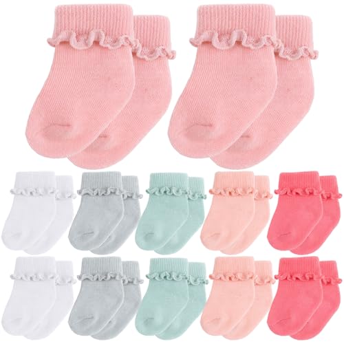 Image of Toulite 12 Pairs Preemie Newborn Baby Ankle Socks Ruffle Turn Cuff Cotton Non-slip Warm Socks for Girls and Boys Infant