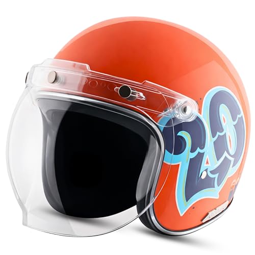 Image of Axor Retro Jet Sportz C13 ISI and DOT Certified Gloss Finish Open Face Helmet for Men and Women with Clear Visor- Orange Blue-L