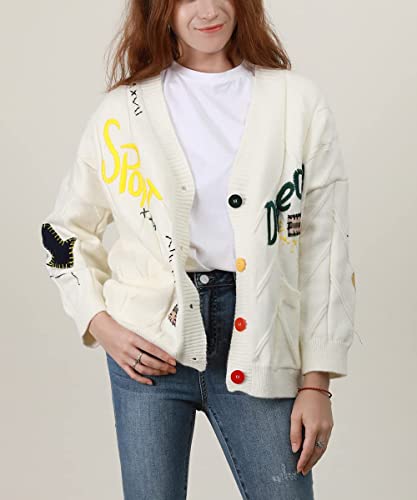 yoeasy Women's Embroidery V Neck Knit Cardigan Sweater Loose Open Front Button Down Long Sleeve Sweater3